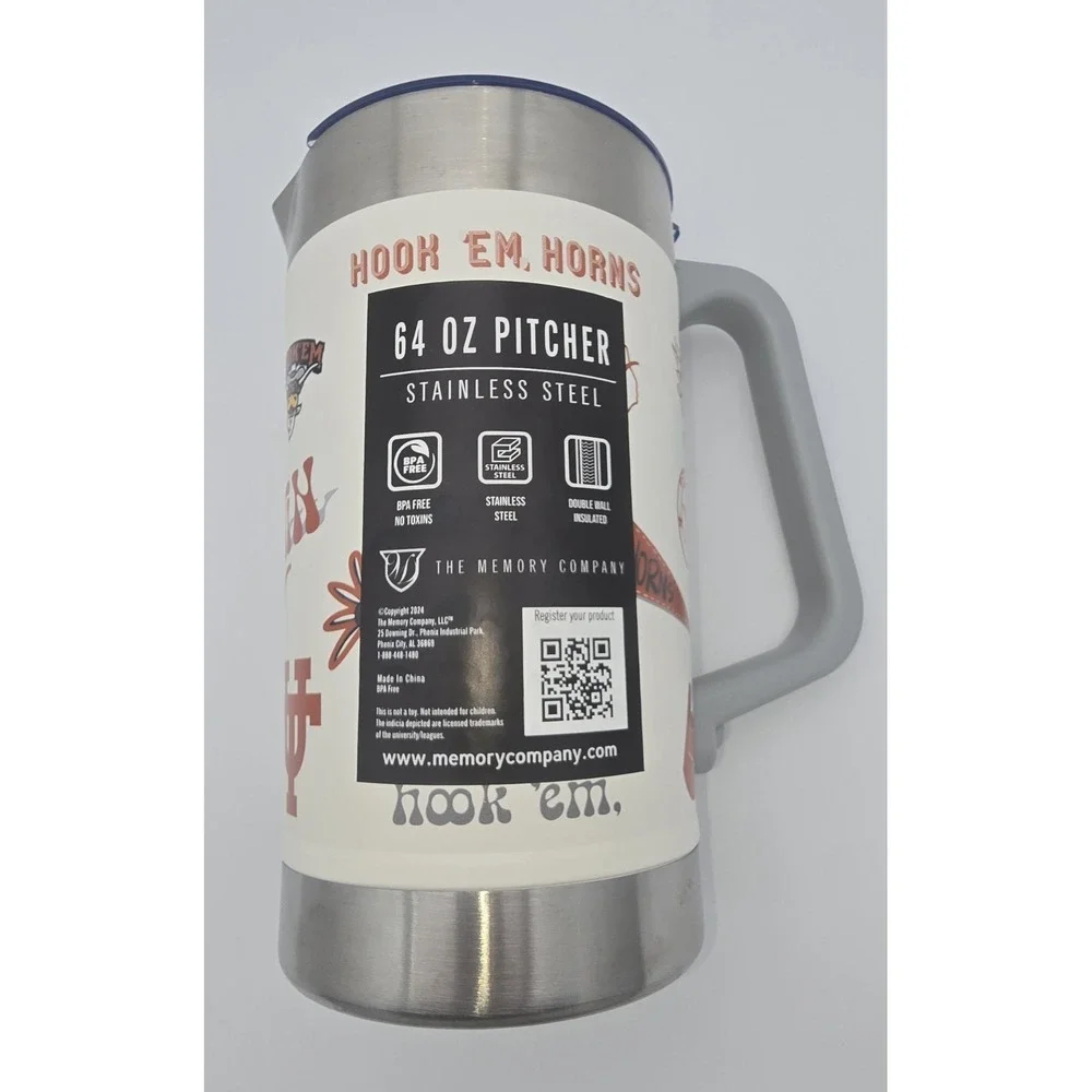 Texas Longhorn 64 Oz Hook 'Em Horns Pitcher New Stainless Steel - Picture 1 of 4